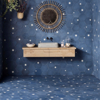 Bathroom with blue and white start design. Cement tiles by from Otto.